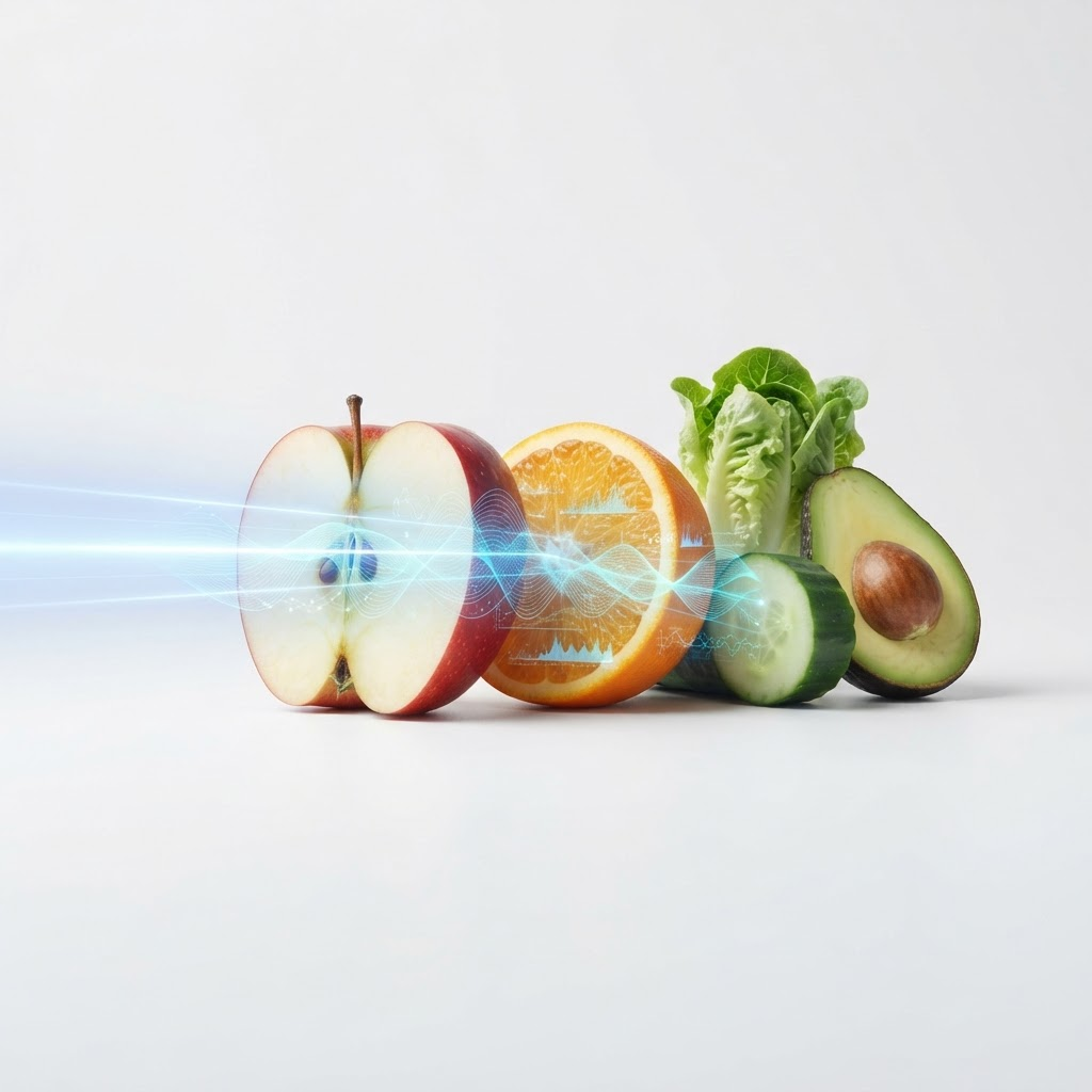 Invisible light spectrum passing through fresh food, revealing molecular data